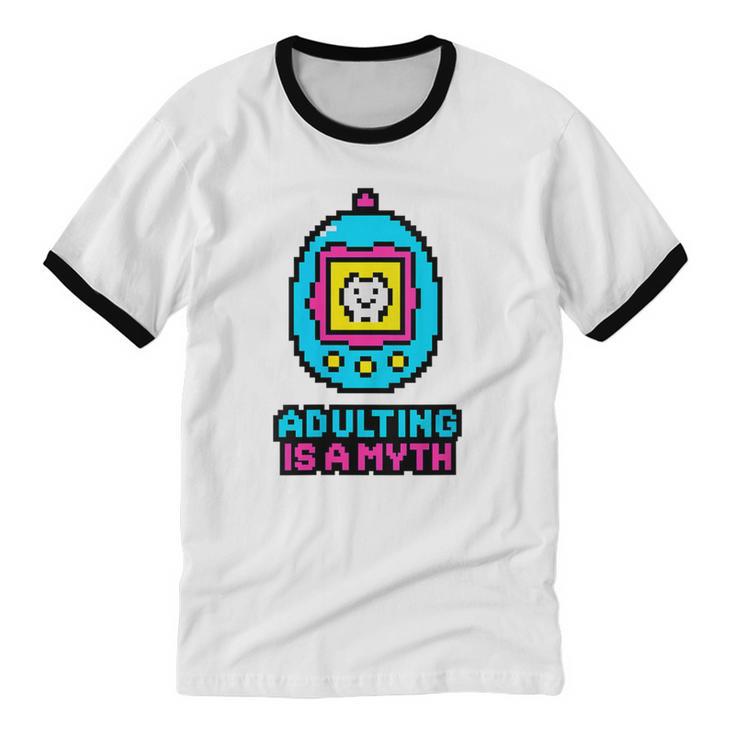 Women's Adulting Is A Myth Retro Pixel Pet Nostalgia Millennials Unisex Cotton Ringer T-Shirt