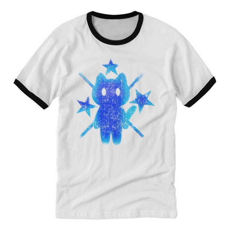 Yk2 Grunge Earthy Blue Cat With Stars Tomboy 90s Nostalgia Unisex Cotton Ringer T-Shirt