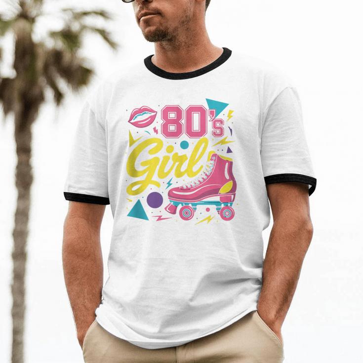 80's Girl Roller Skates Skating Eighties 1980s Nostalgia Unisex Cotton Ringer T-Shirt