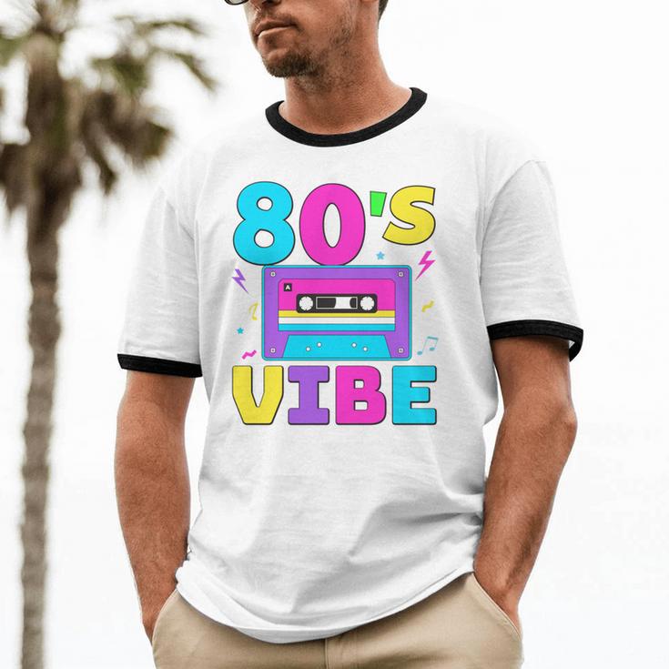 80's Vibe Retro Style Cassette Tape Nostalgia 1980s Party Unisex Cotton Ringer T-Shirt