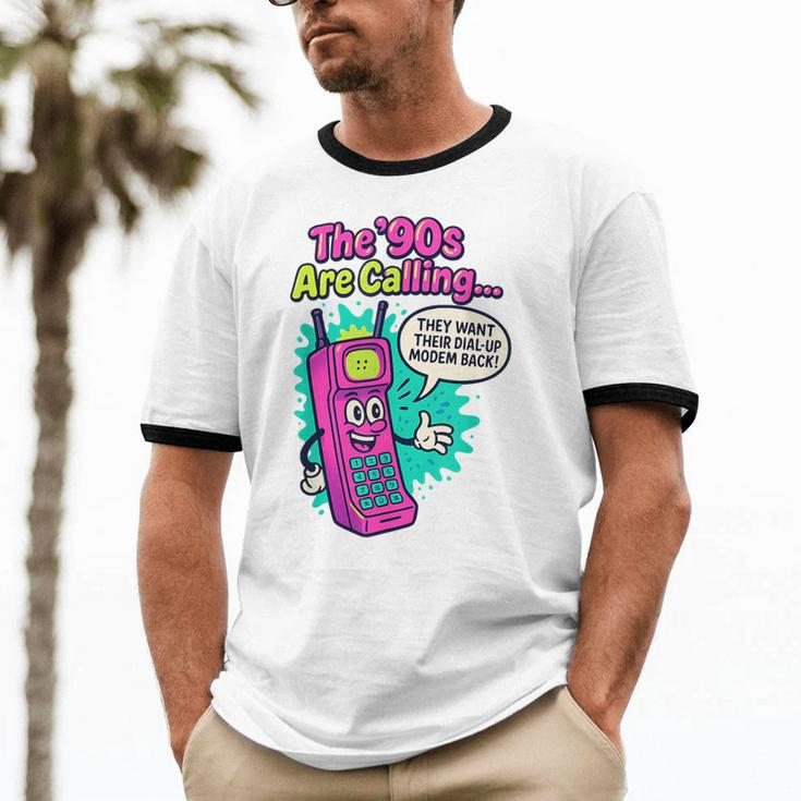 The 90s Are Calling Retro 90s Kid Nostalgia Gag Meme Unisex Cotton Ringer T-Shirt The 90s Are Calling Retro 90s Kid Nostalgia Gag Meme Unisex Cotton Ringer T-Shirt