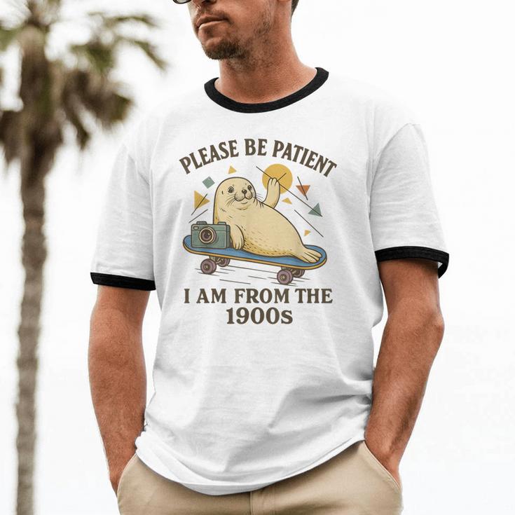90s Manatee Humor Please Patient I'm From The 1900s Unisex Cotton Ringer T-Shirt 90s Manatee Humor Please Patient I'm From The 1900s Unisex Cotton Ringer T-Shirt