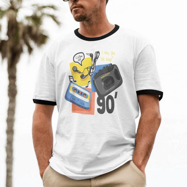 90s Retro Cassette And Walkman Nostalgia Graphic Tee Unisex Cotton Ringer T-Shirt