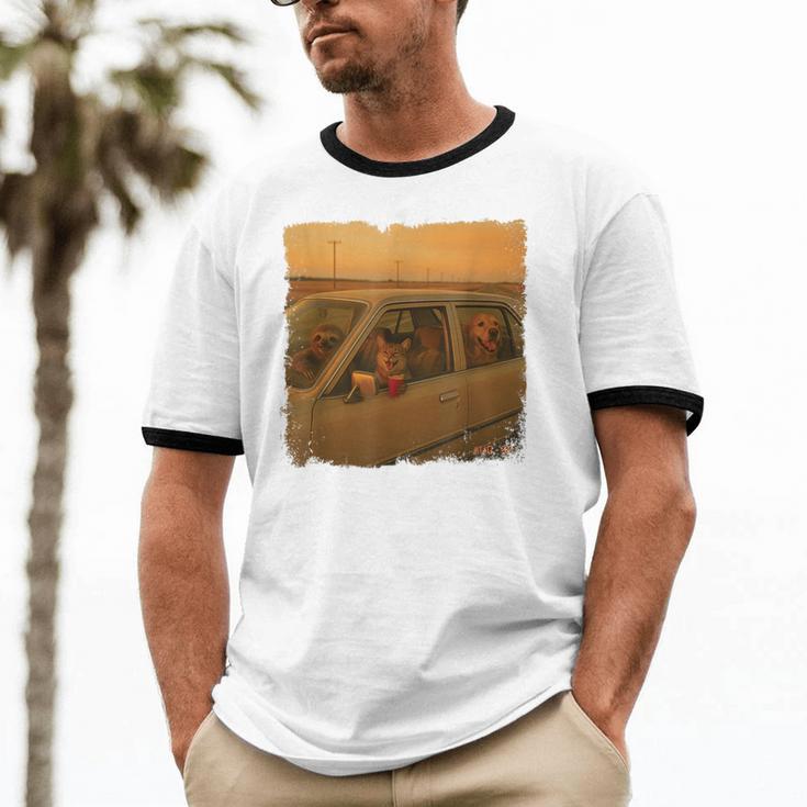 90s Roadtrip Animals Photo Cat Sloth Dog Retro Nostalgia Unisex Cotton Ringer T-Shirt