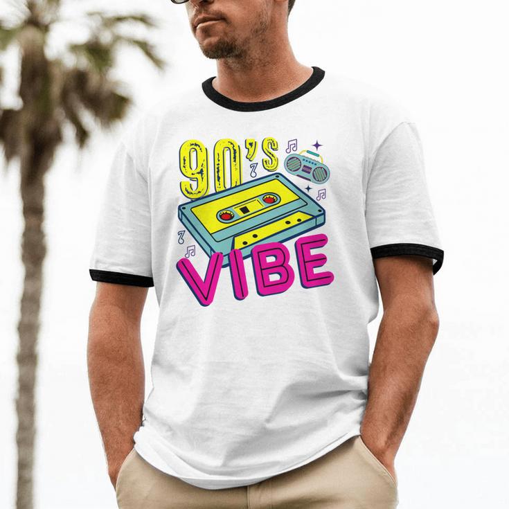 90's Vibe Retro Style Cassette Tape Nostalgia 1990s Party Unisex Cotton Ringer T-Shirt