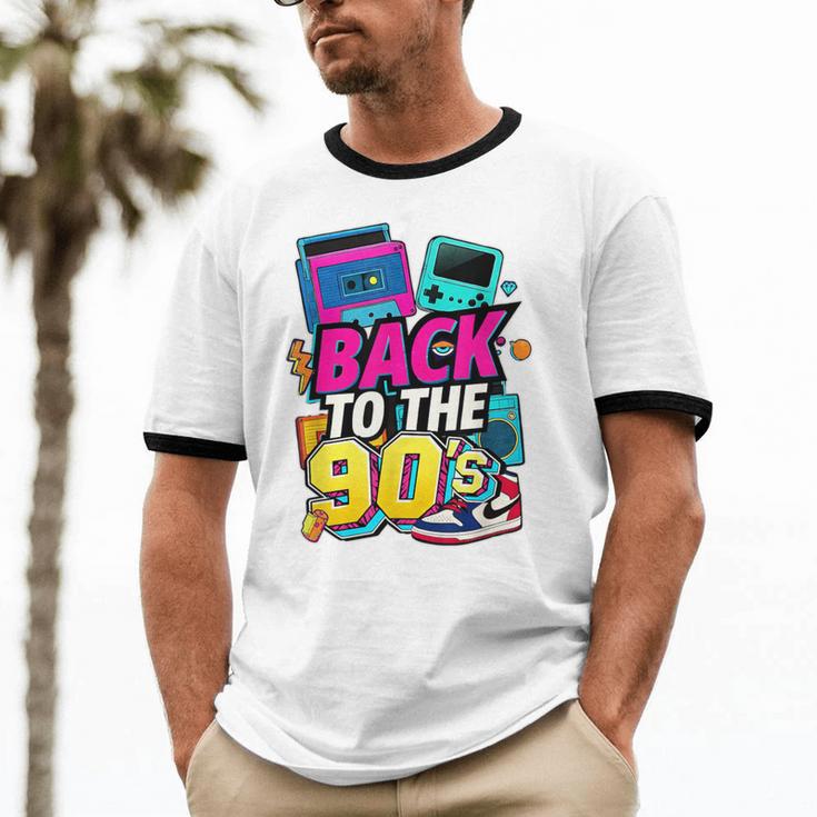Back To The 90s Nostalgia Cassette Game Console Boombox Unisex Cotton Ringer T-Shirt