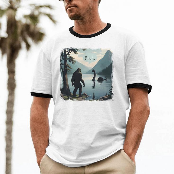 Bigfoot Sasquatch & Loch Ness Monster Introvert Bruh Unisex Cotton Ringer T-Shirt