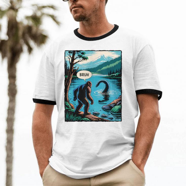 Bigfoot Sasquatch Loch Ness Monster Introvert Bruh Unisex Cotton Ringer T-Shirt