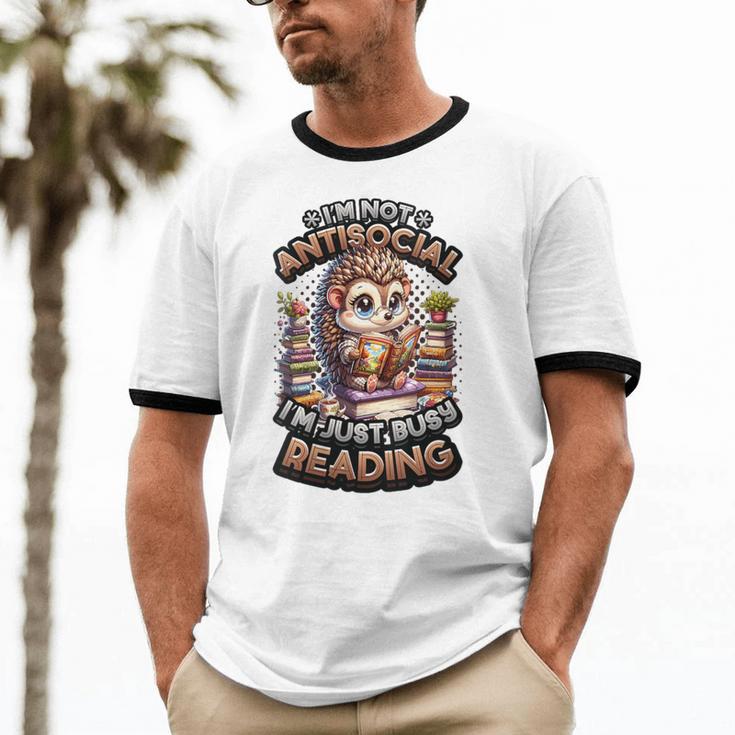 Book Lover Hedgehog Reading Books Introvert Bookworm Unisex Cotton Ringer T-Shirt