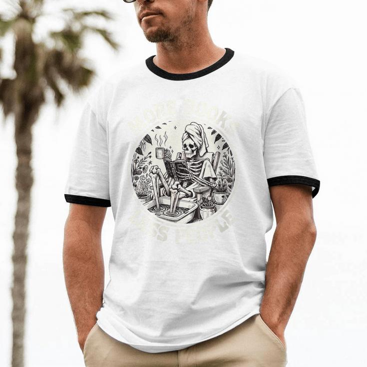 More Books Less People Introvert Skeleton Reading Unisex Cotton Ringer T-Shirt More Books Less People Introvert Skeleton Reading Unisex Cotton Ringer T-Shirt