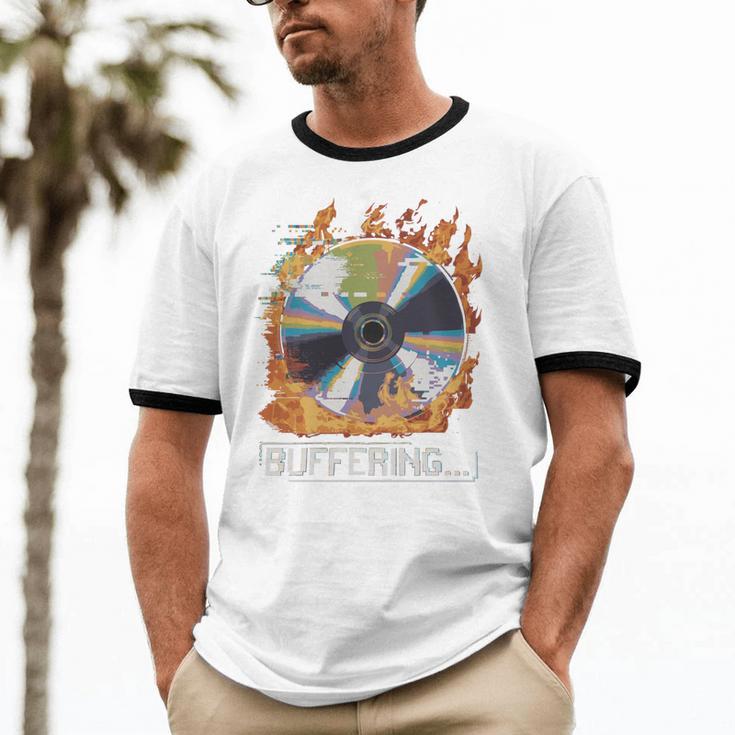 Buffering Glitched CD On Fire 2000s Nostalgia Unisex Cotton Ringer T-Shirt Buffering Glitched CD On Fire 2000s Nostalgia Unisex Cotton Ringer T-Shirt