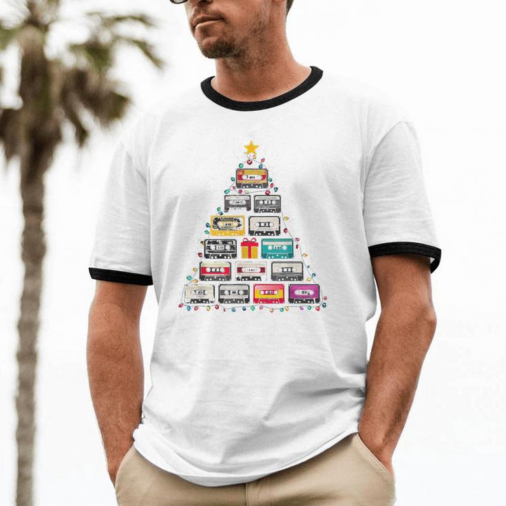 Cassette Tape Christmas Tree Graphic 80s 90s Retro Nostalgia Unisex Cotton Ringer T-Shirt