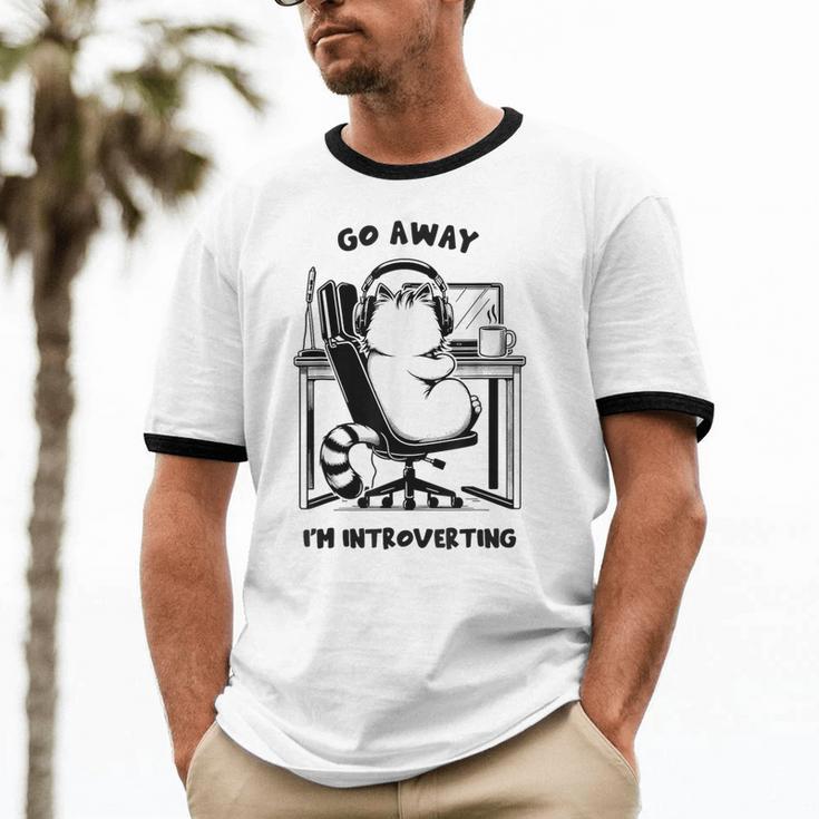 Cat With Coffee On Computer Go Away I'm Introverting Unisex Cotton Ringer T-Shirt Cat With Coffee On Computer Go Away I'm Introverting Unisex Cotton Ringer T-Shirt