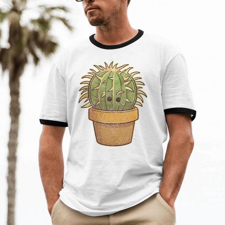 Cute Golden Barrel Cactus Introvert Distressed Unisex Cotton Ringer T-Shirt