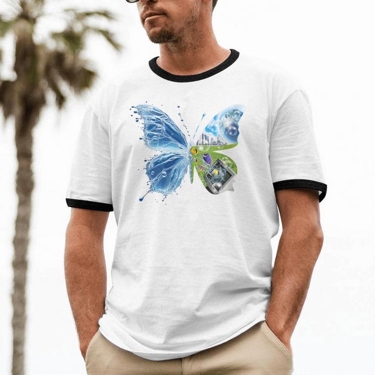 Frutiger Aero Aesthetic Butterfly Computer Fishes Scenery Unisex Cotton Ringer T-Shirt