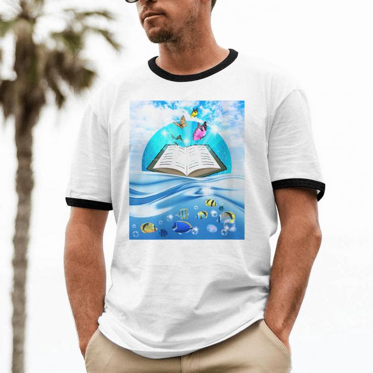 Frutiger Aero Aesthetic Tech Book Butterfly Unisex Cotton Ringer T-Shirt