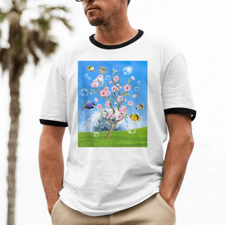 Frutiger Aero Aesthetic Tech Cherry Blossom Fishes Bubbles Unisex Cotton Ringer T-Shirt