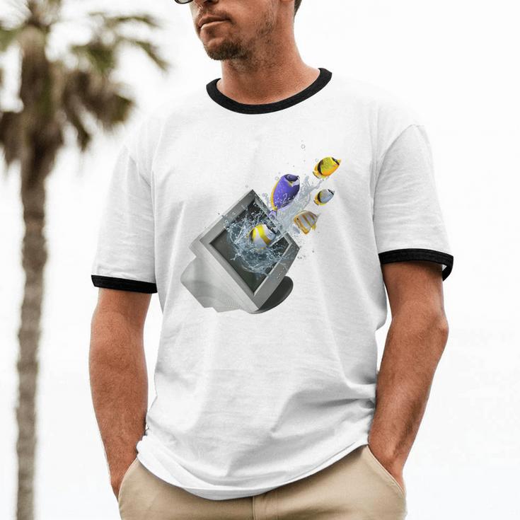 Frutiger Aero Aesthetic Tech Computer Aquarium Fishes Unisex Cotton Ringer T-Shirt