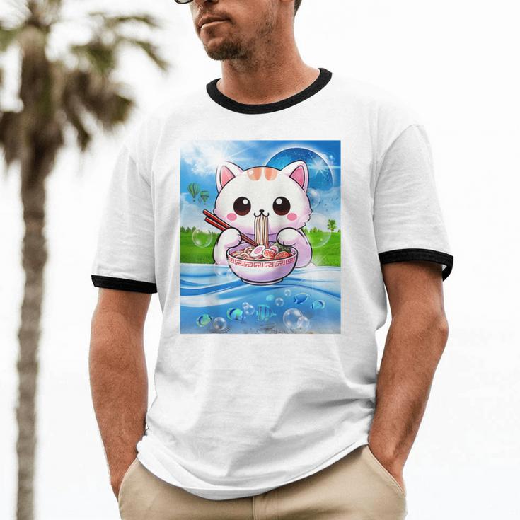 Frutiger Aero Aesthetic Tech Kawaii Ramen Cat Fishes Raglan Baseball Tee Unisex Cotton Ringer T-Shirt Frutiger Aero Aesthetic Tech Kawaii Ramen Cat Fishes Raglan Baseball Tee Unisex Cotton Ringer T-Shirt