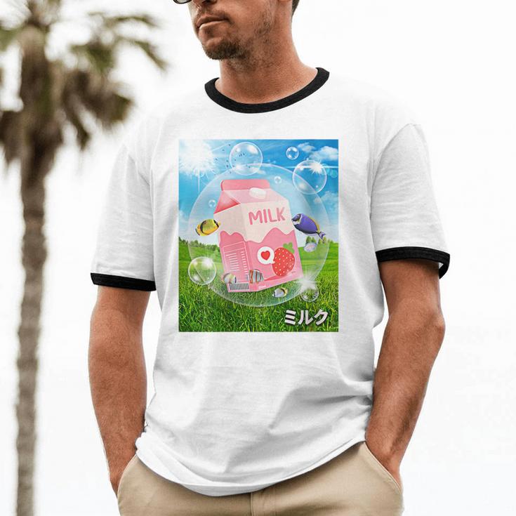 Frutiger Aero Aesthetic Tech Kawaii Strawberry Milk Fishes Unisex Cotton Ringer T-Shirt Frutiger Aero Aesthetic Tech Kawaii Strawberry Milk Fishes Unisex Cotton Ringer T-Shirt