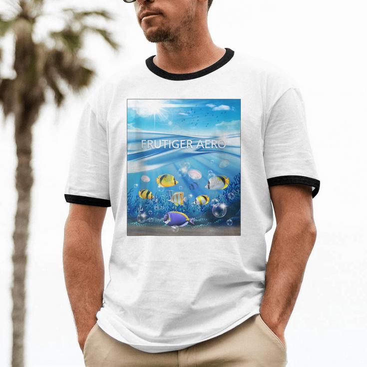 Frutiger Aero Aesthetic Tech Ocean Underwater Fishes Unisex Cotton Ringer T-Shirt