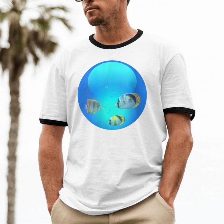 Frutiger Aero Aesthetic Tech Orb Fishes Unisex Cotton Ringer T-Shirt