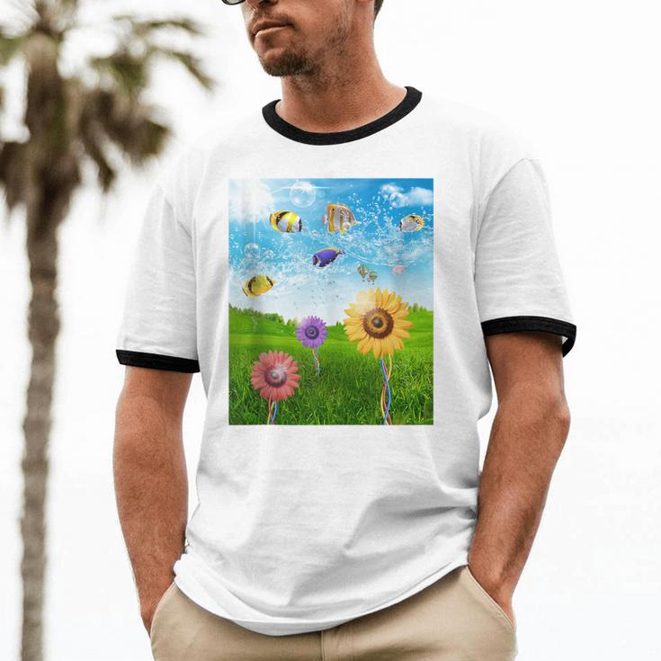 Frutiger Aero Aesthetic Tech Scenery Fishes Sunflower Unisex Cotton Ringer T-Shirt Frutiger Aero Aesthetic Tech Scenery Fishes Sunflower Unisex Cotton Ringer T-Shirt