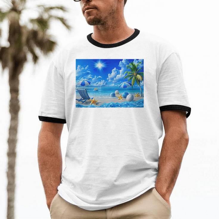 Frutiger Aero Beach Y2k Aesthetic Palm Tree Sand Ocean Premium Unisex Cotton Ringer T-Shirt