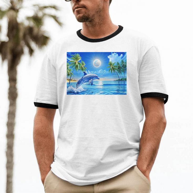 Frutiger Aero Dolphin Sunset Ocean With Palm Trees Y2k Premium Unisex Cotton Ringer T-Shirt Frutiger Aero Dolphin Sunset Ocean With Palm Trees Y2k Premium Unisex Cotton Ringer T-Shirt