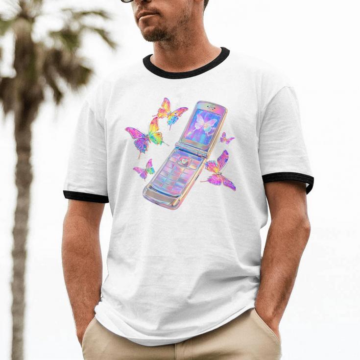 Frutiger Aero Y2K Chrome Phone Butterfly Unisex Cotton Ringer T-Shirt