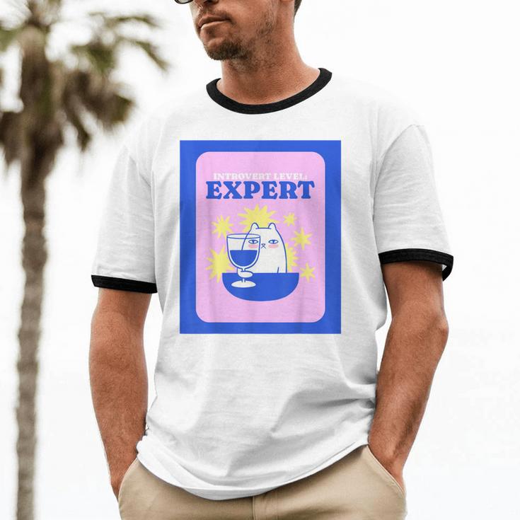 Fun Cute Introvert Cat Character With Wine Unisex Cotton Ringer T-Shirt
