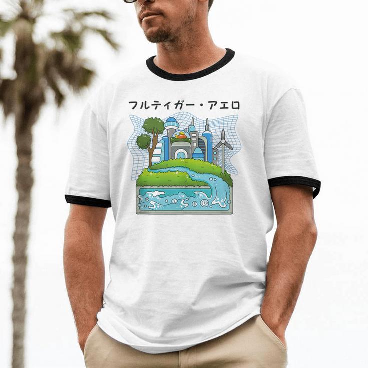 Future City Wind Power Frutiger Aero Y2K Style Ocean Unisex Cotton Ringer T-Shirt