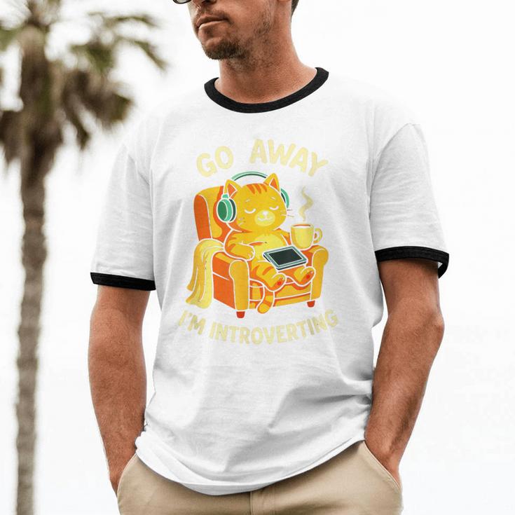 Go Away I'm Introverting Cat Coffee Headphones Unisex Cotton Ringer T-Shirt Go Away I'm Introverting Cat Coffee Headphones Unisex Cotton Ringer T-Shirt