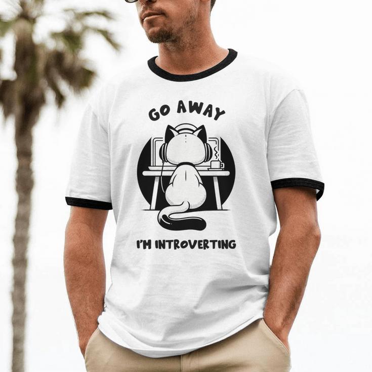 Go Away I'm Introverting Cat With Coffee Unisex Cotton Ringer T-Shirt