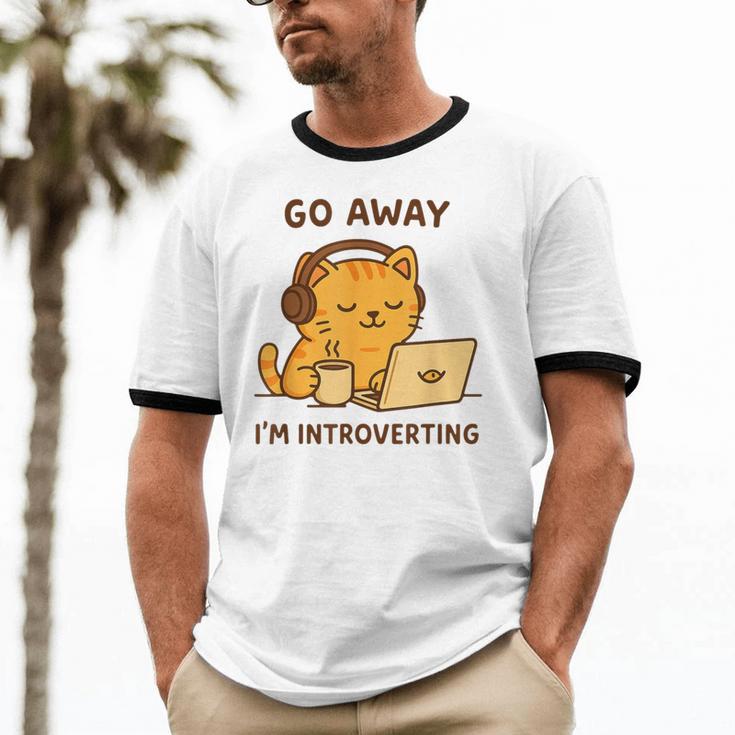 Go Away I'm Introverting Cozy Cat With Laptop And Coffee Unisex Cotton Ringer T-Shirt Go Away I'm Introverting Cozy Cat With Laptop And Coffee Unisex Cotton Ringer T-Shirt