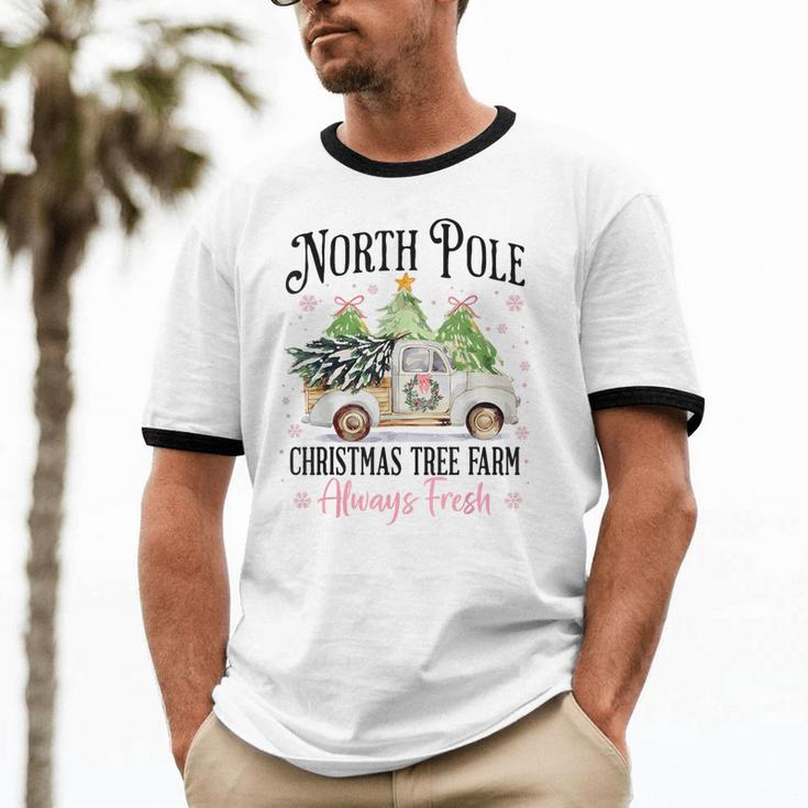 Holiday Scene Nostalgia North Pole Tree Farm Merry Christmas Unisex Cotton Ringer T-Shirt
