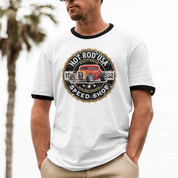 Hotrod Custom Car Automotive Nostalgia Distressed Premium Tri-Blend Unisex Cotton Ringer T-Shirt