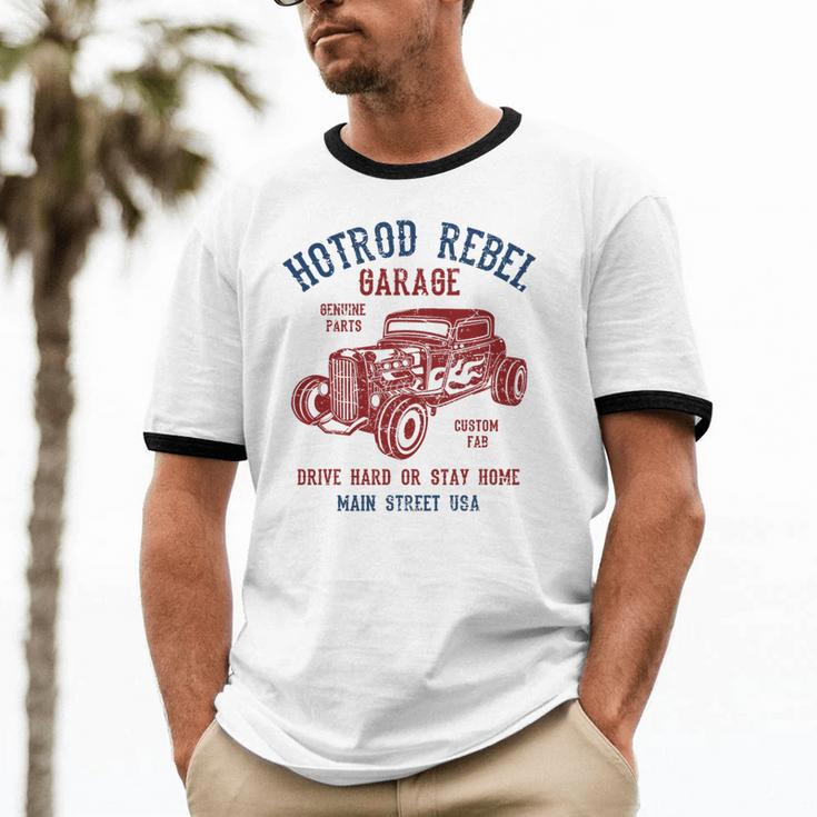 Hotrod Rebel Automotive Nostalgia Old Car Distressed Premium Tri-Blend Unisex Cotton Ringer T-Shirt