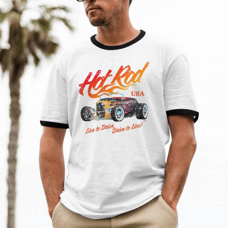 Hotrod Vintage Style Car Nostalgia Hotrod Distressed Premium Tri-Blend Unisex Cotton Ringer T-Shirt