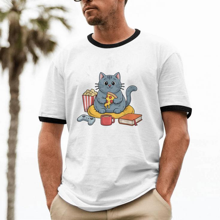 I'm An Indoor Cat Introvert Pizza Popcorn Book Gamer Cat Unisex Cotton Ringer T-Shirt