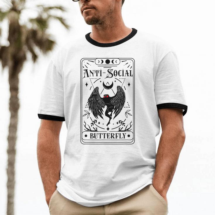 Introvert Apparel Emporium Mothman Tarot Card Antisocial Butterfly Cryptozoologist -Adults Grey Unisex Cotton Ringer T-Shirt Introvert Apparel Emporium Mothman Tarot Card Antisocial Butterfly Cryptozoologist -Adults Grey Unisex Cotton Ringer T-Shirt