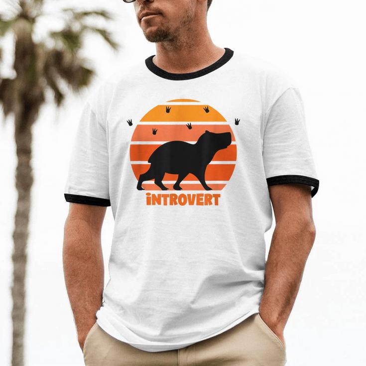 Introvert Retro Sunset Capybara Tee Unisex Cotton Ringer T-Shirt