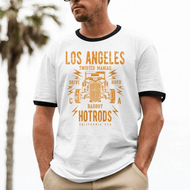 Los Angeles Hotrods Automotive Nostalgia Distressed Premium Tri-Blend Unisex Cotton Ringer T-Shirt Los Angeles Hotrods Automotive Nostalgia Distressed Premium Tri-Blend Unisex Cotton Ringer T-Shirt