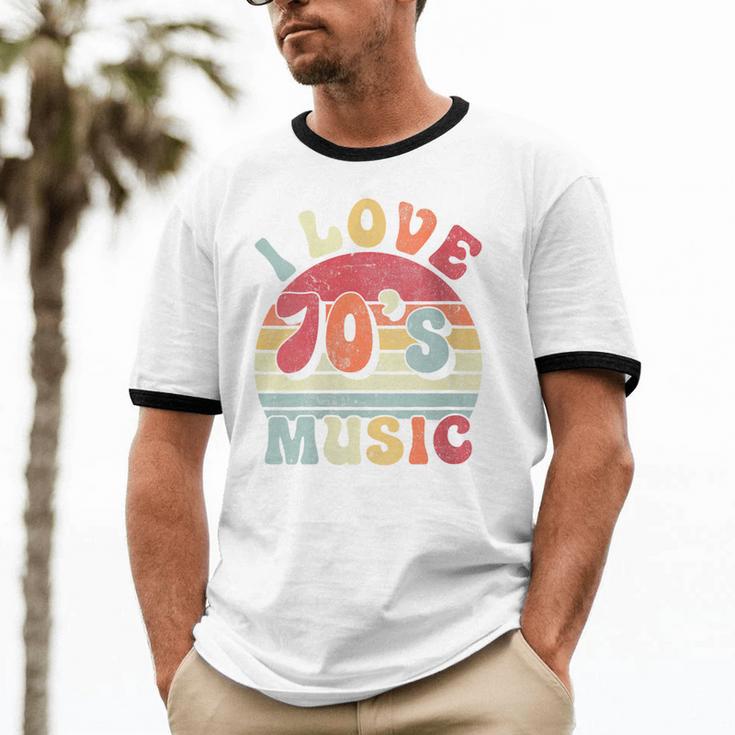I Love 70's Music Retro Style Nostalgia Cassette 1970s Party Unisex Cotton Ringer T-Shirt