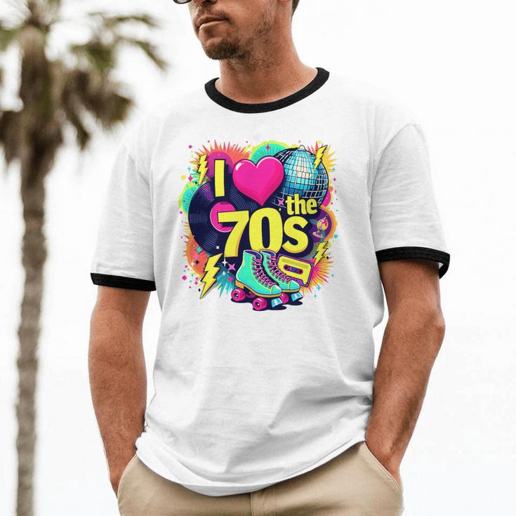 I Love The 70s Retro Cassette Roller Vinyl Nostalgia Vibes Premium Tri-Blend Unisex Cotton Ringer T-Shirt