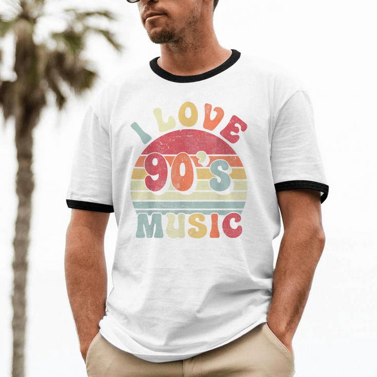 I Love 90's Music Retro Style Nostalgia Cassette 1990s Party Unisex Cotton Ringer T-Shirt