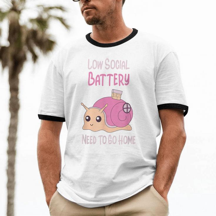 Low Social Battery Cute Snail With House Introvert Cozy Home Unisex Cotton Ringer T-Shirt Low Social Battery Cute Snail With House Introvert Cozy Home Unisex Cotton Ringer T-Shirt