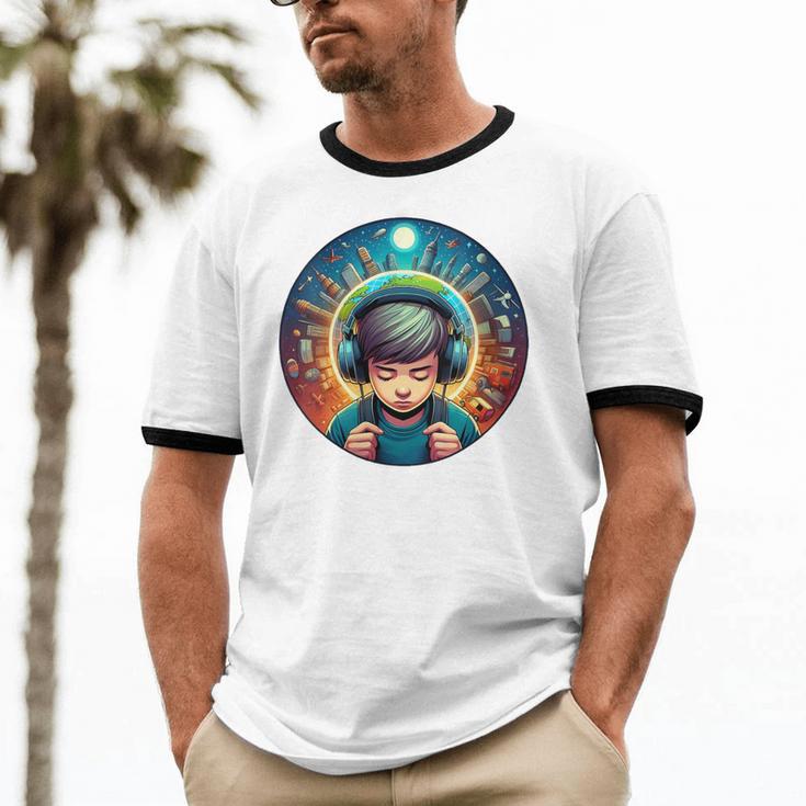 Music Enthusiast Under Starry Skies World Introvert Boy Unisex Cotton Ringer T-Shirt Music Enthusiast Under Starry Skies World Introvert Boy Unisex Cotton Ringer T-Shirt