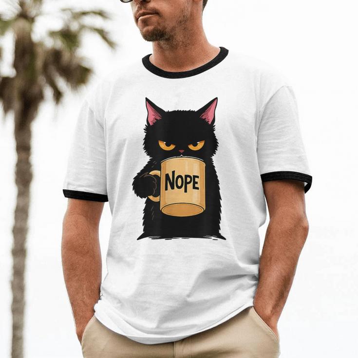 Nope Coffee Cat – Introvert Humor Monday Kitty Unisex Cotton Ringer T-Shirt