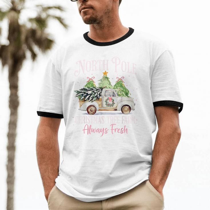 North Pole Tree Farm Merry Christmas Holiday Scene Nostalgia Unisex Cotton Ringer T-Shirt